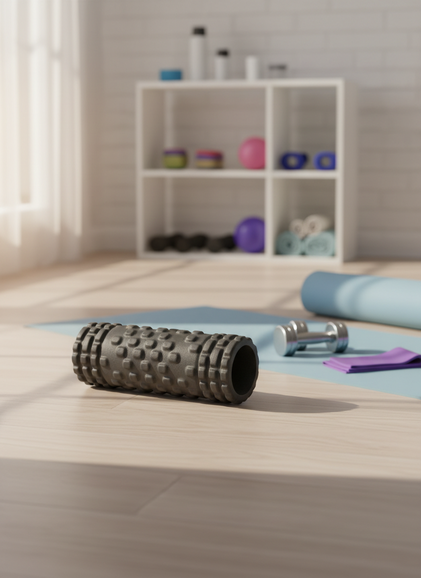 A close-up, photographic view of a dark gray foam roller resting on a light wood floor in a bright home rehab space. The roller’s textured surface shows fine dimples and edges, with a soft yoga mat, small dumbbells, and a neatly folded elastic band arranged in the mid-ground. Diffused morning light pours in from an unseen window to the left, creating soft shadows and a calm, inviting feel. The background is blurred to suggest an uncluttered, modern room with neutral walls and a simple shelving unit holding neatly organized rehab tools. Captured from a low, slightly angled perspective with shallow depth of field, the image feels practical, reassuring, and focused on safe self-care for spine and joint recovery.