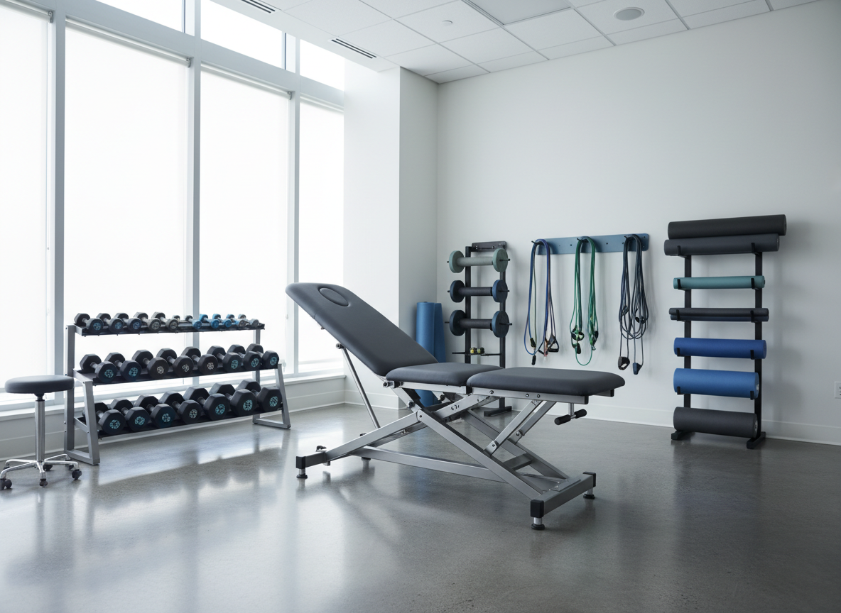 A sleek, adjustable rehabilitation bench with charcoal upholstery and brushed metal supports centered in a spacious, contemporary clinic flanked by racked free weights and resistance bands.