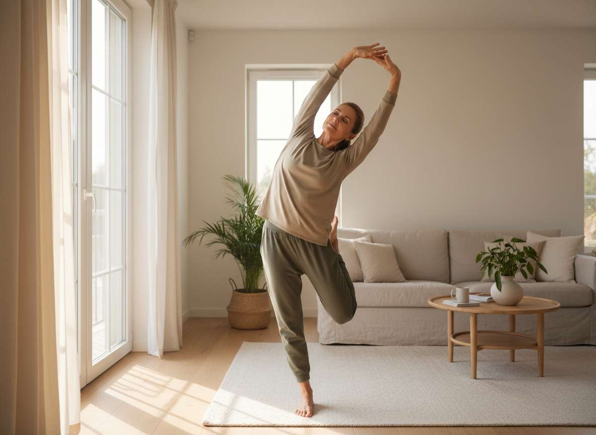 A warm, hopeful photographic image of a middle-aged person of average build stretching gently in a bright, airy living room in the morning, sunlight streaming through large windows, calm and empowering mood, professional healthcare wellness aesthetic, natural tones, authentic not staged