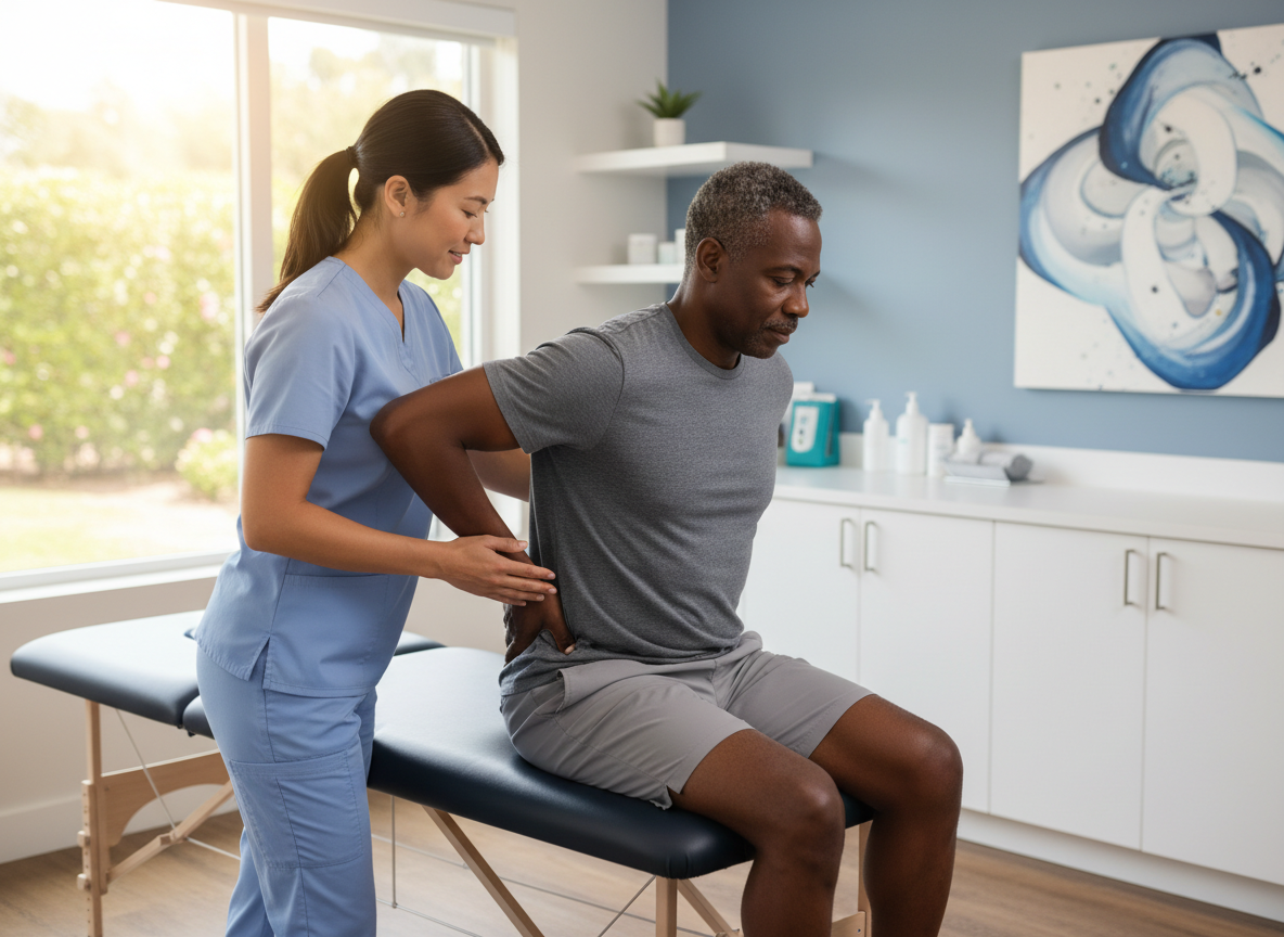 A physical therapist in a clean clinical office gently guiding a patient through a seated lower back movement assessment, one hand supporting the patient's lower back.