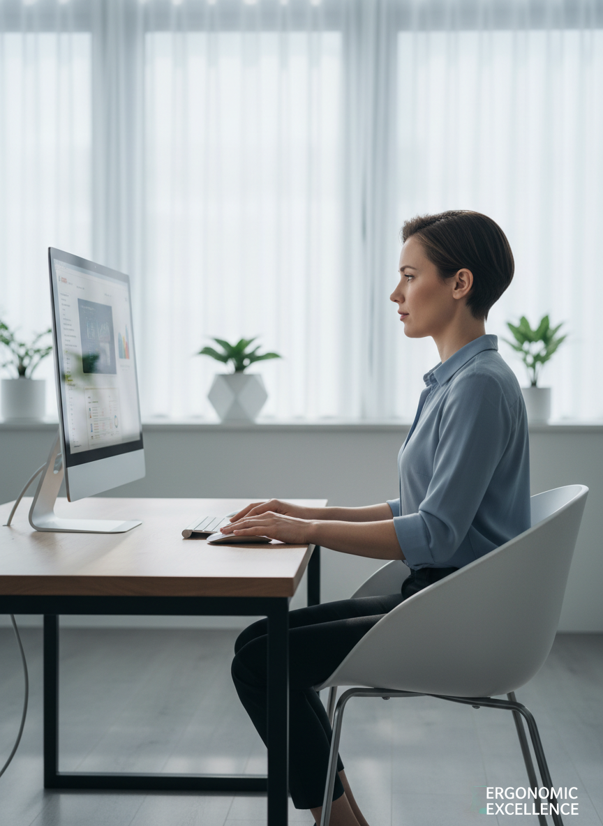 Side-profile of a person seated at a modern desk demonstrating good upright posture with ears aligned over shoulders, working at a monitor at eye level.