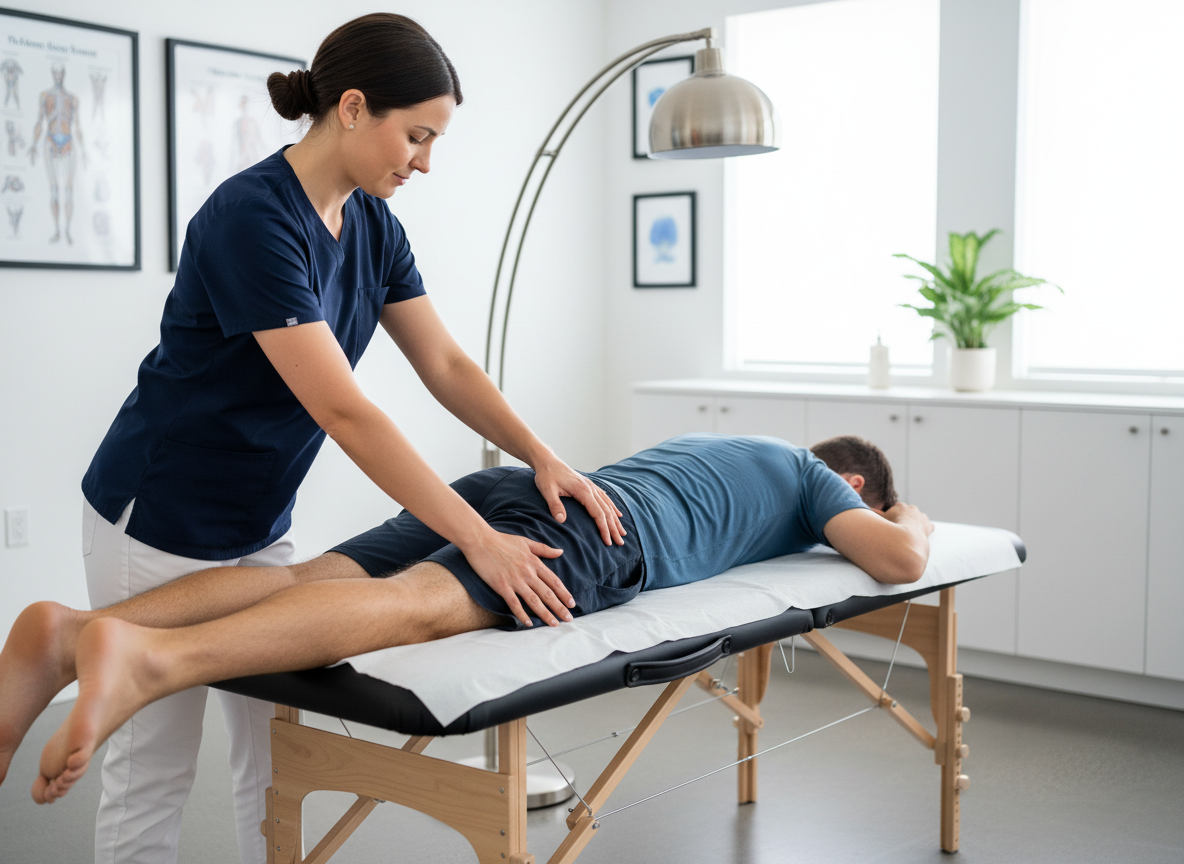 A chiropractor performing a gentle spinal mobilization on a patient lying prone on a treatment table in a clean modern clinic.