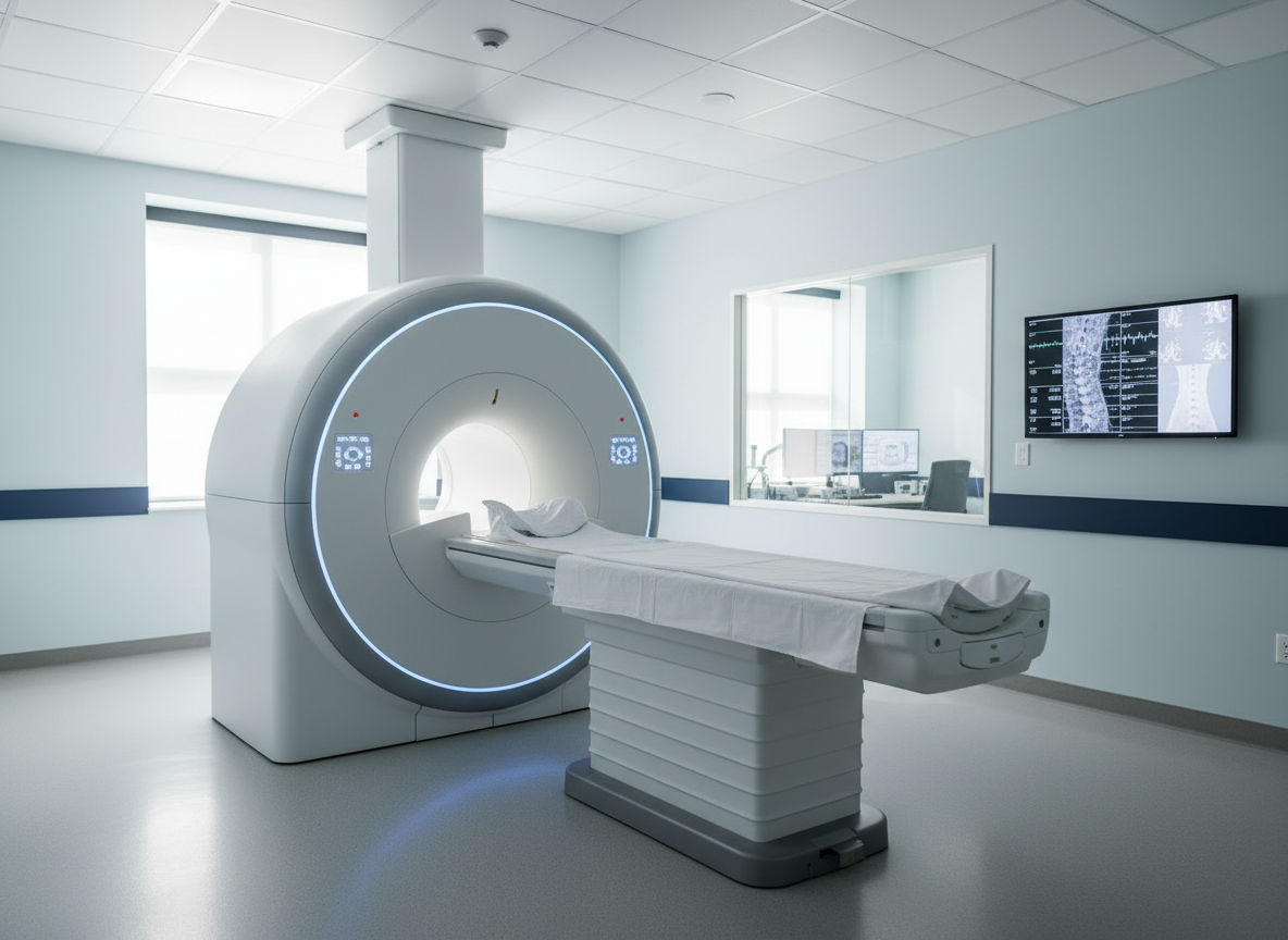 Modern high-end clinical MRI machine in a clean, bright hospital imaging center room. Large white cylindrical bore MRI scanner positioned prominently in a well-lit professional medical facility. Professional medical photography style, clinical and reassuring tone, no patients visible. Modern imaging equipment in a sterile, bright healthcare environment.