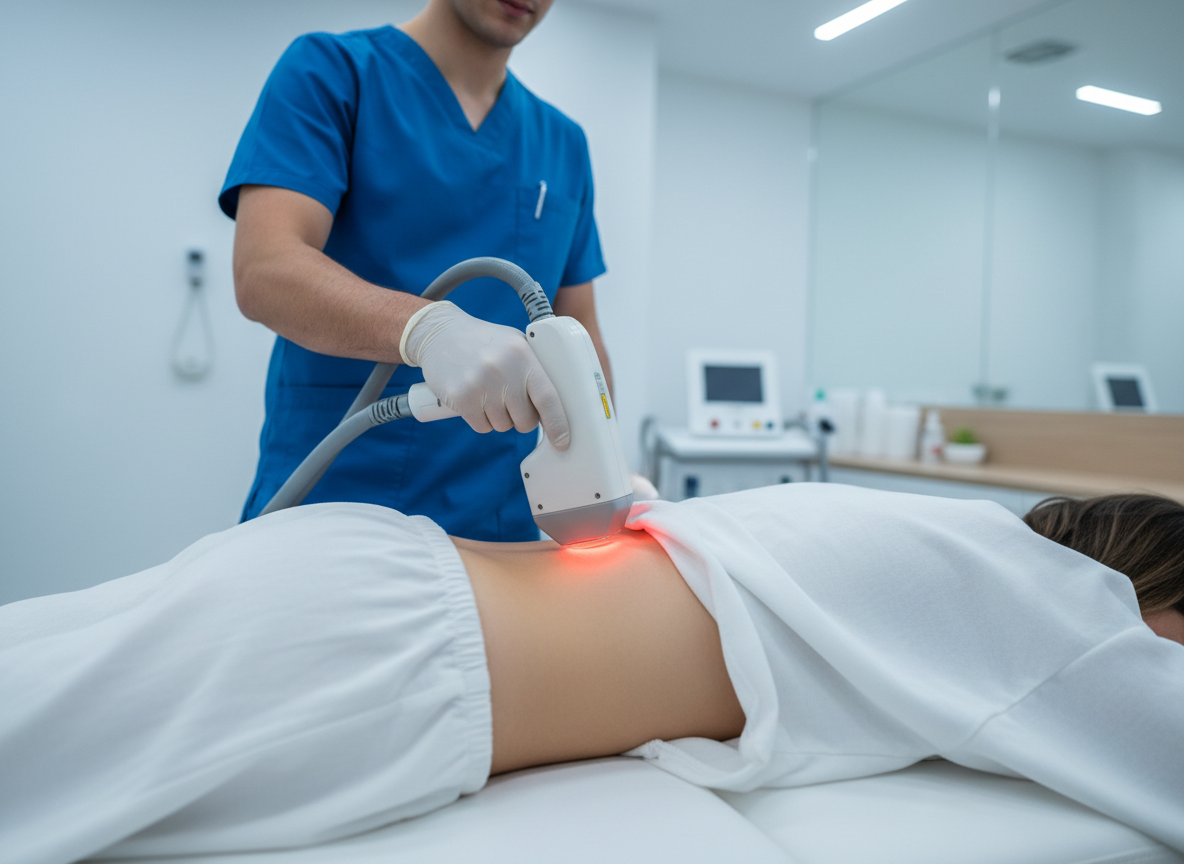 Low-level laser therapy (photobiomodulation) device being applied to a patient's lower back in a clean rehabilitation clinic. A handheld laser therapy applicator emitting a soft therapeutic light glow on the lumbar spine, patient lying prone. Professional medical setting, soft cool lighting, authentic and trustworthy, no legible text.