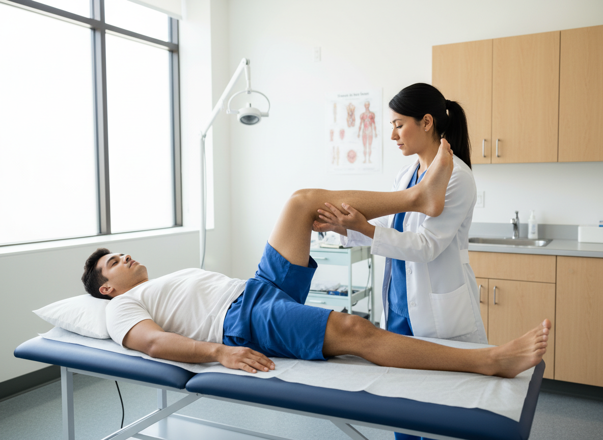 A clinician performing a straight leg raise neurological test on a patient lying on an examination table