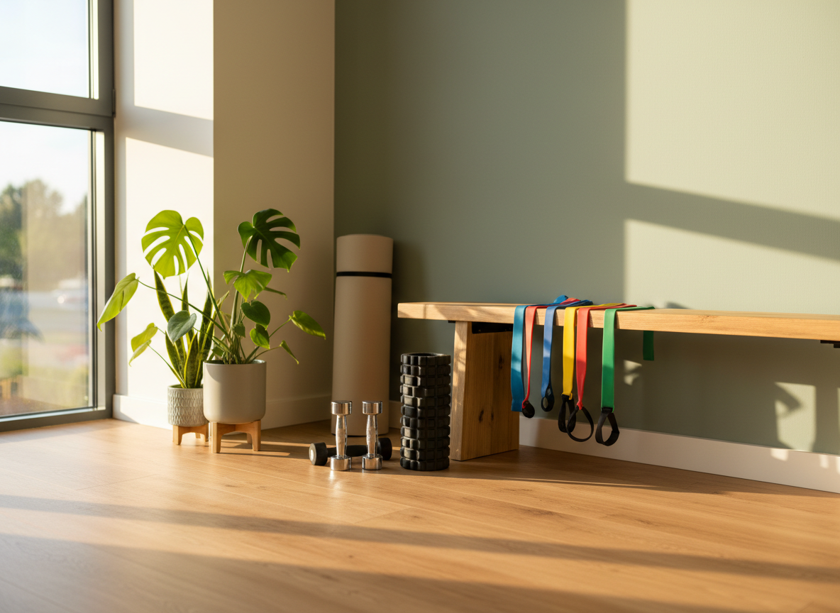 A warm, inviting fitness-rehabilitation clinic corner with colorful resistance bands, a foam roller, dumbbells, and green potted plants in golden natural light.