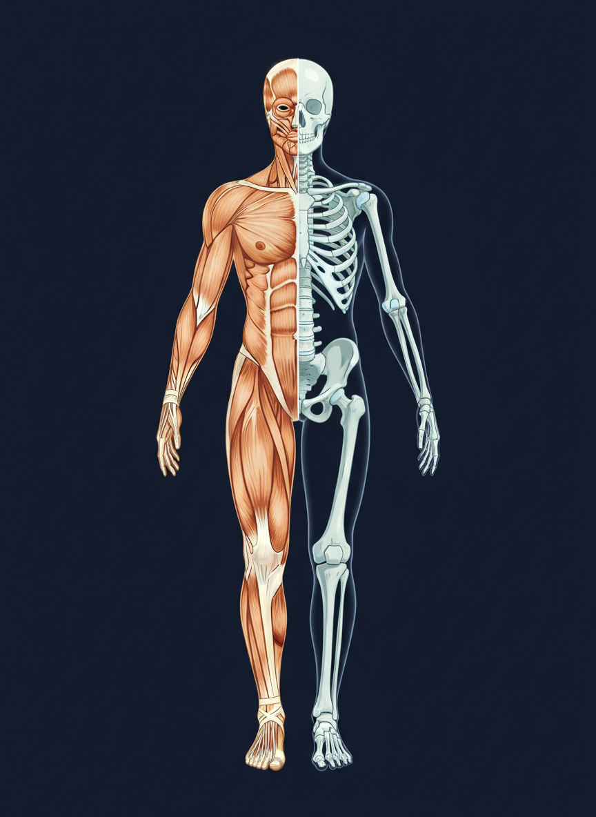 A detailed, clean medical illustration of the human musculoskeletal system on a dark navy background. The figure shows the full body from the front, displaying muscles on one half and the skeletal structure on the other half, split down the midline. Rendered in a modern, clinical style with warm amber and ivory tones for the muscles and soft white-blue for the bones. No text or labels. No face details — the head is stylized. Professional medical illustration aesthetic, not a photograph.