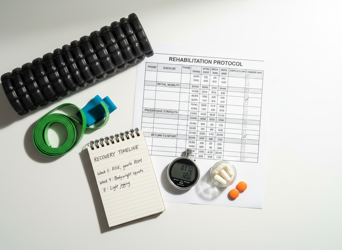 A clean, clinical overhead flat-lay on a white surface showing the tools and symbols of rehabilitation recovery: a printed rehab protocol chart with progressive loading phases and checkboxes, a foam roller, resistance bands in two colors, a small notebook open to a hand-written recovery timeline, a stopwatch, and a few capsules/supplements arranged neatly. The composition is organized and purposeful — conveying structure, evidence, and discipline. Warm natural side-lighting, shallow depth of field, no anatomy posters, no people. The overall feel is professional, grounded, and action-oriented — recovery as a process with rules.