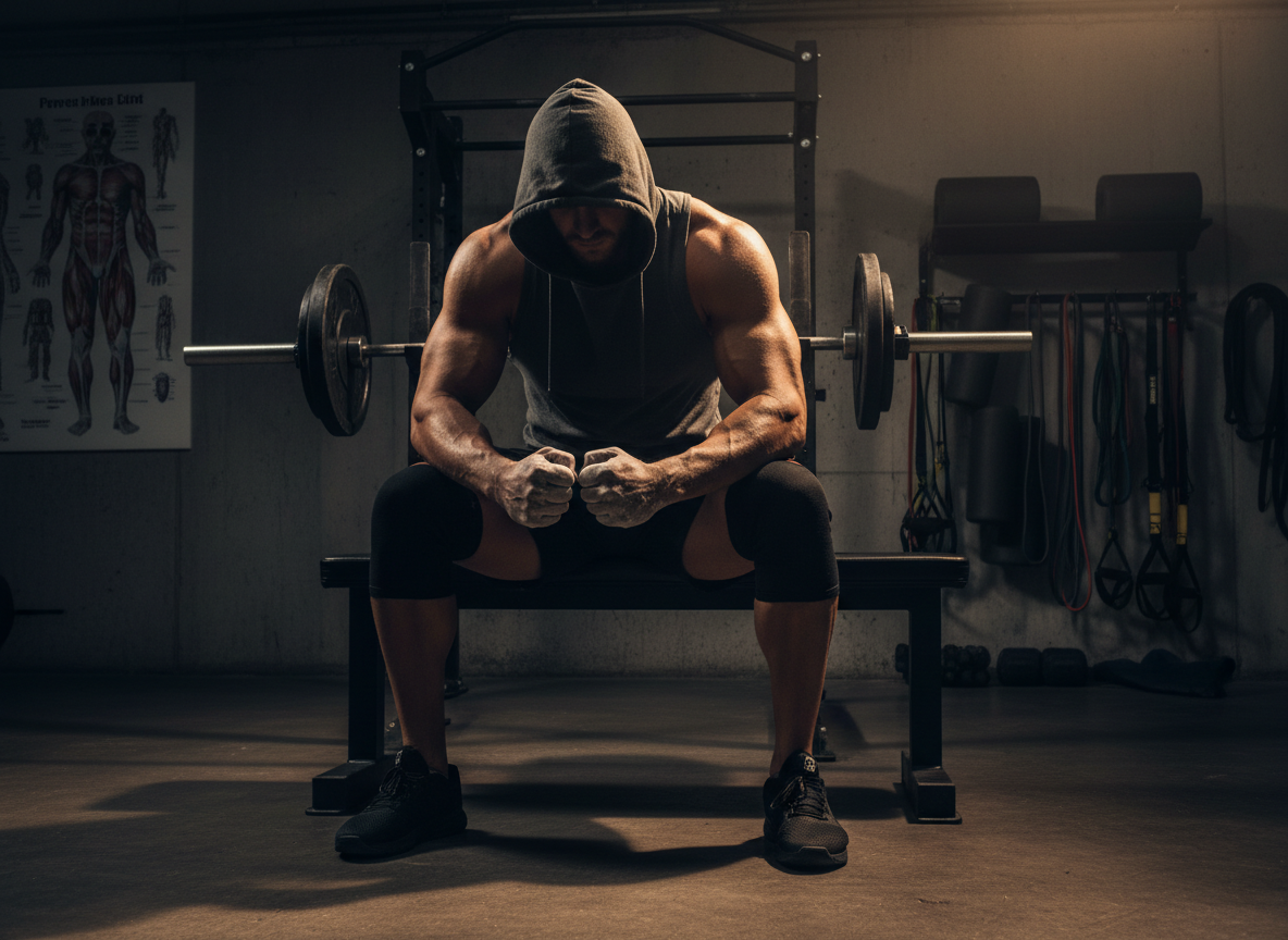 A dramatic gym-meets-rehab scene: a well-built athlete sitting on a weight bench in a modern sports rehabilitation facility, chalked hands resting on knees, focused expression, barbells and weight plates visible in the background alongside resistance bands, foam rollers, and anatomy charts on the wall. Moody, high-contrast lighting — strong shadows, warm tungsten highlights on skin and metal. Gritty industrial aesthetic blended with clinical precision. No faces fully visible. Dark, textured, powerful.