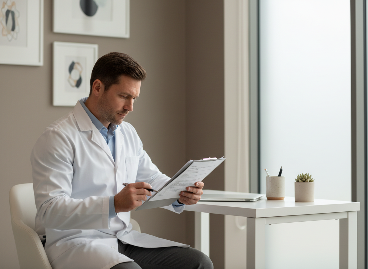 Clinician reviewing a medical journal in a clean, professional consultation setting