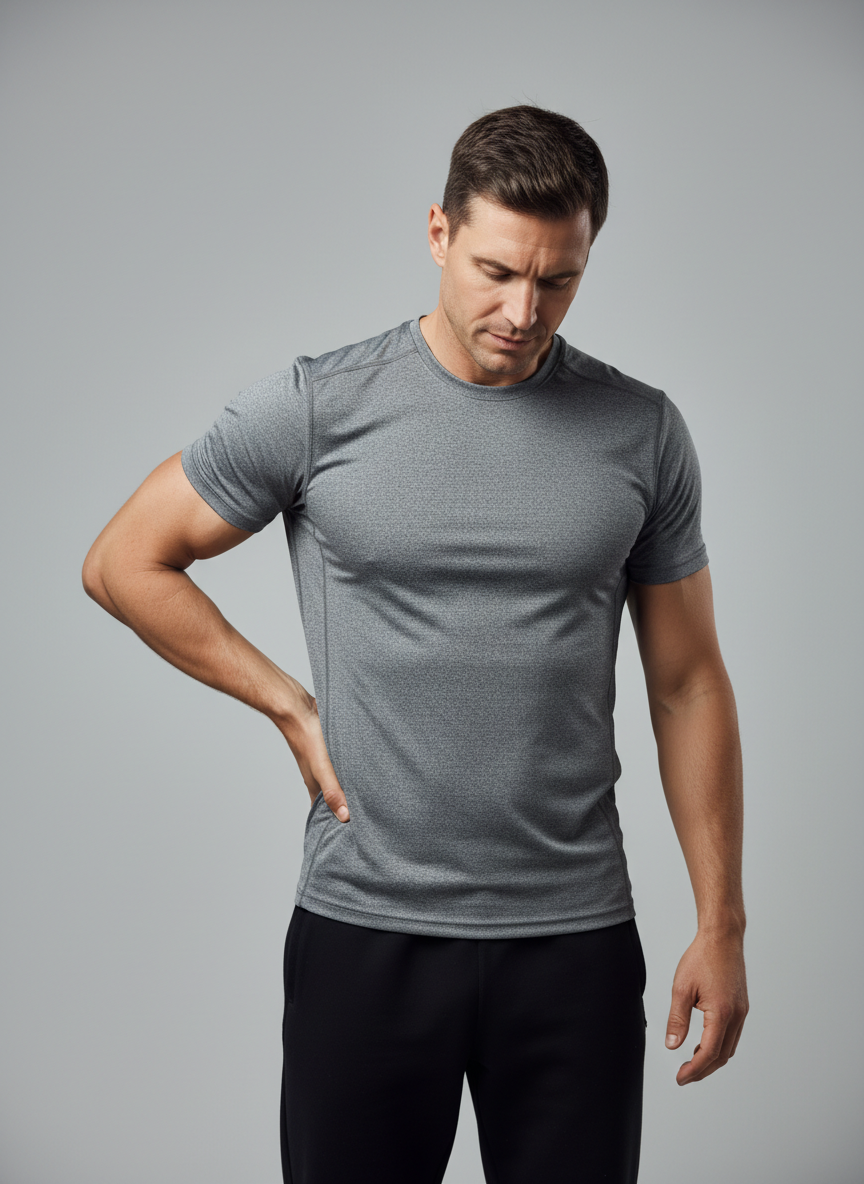 A realistic photograph of a person standing upright with one hand placed on their lower back, suggesting mild low back pain or discomfort. Clean, clinical setting with neutral background. Slightly masculine feel — the subject appears to be a fit adult male in casual or athletic clothing. Soft, professional lighting. No text. No gym equipment visible.