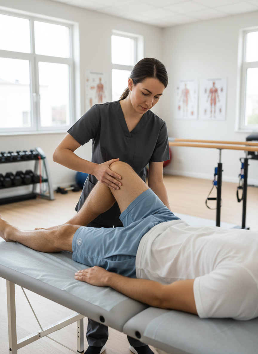 A professional clinical photograph of a physical therapist or practitioner demonstrating a controlled joint mobility assessment on a patient's shoulder or hip in a clean, well-lit rehabilitation setting. The image conveys anatomical precision, evidence-based practice, and therapeutic movement. Neutral tones, natural lighting, realistic and grounded in a real rehab environment.