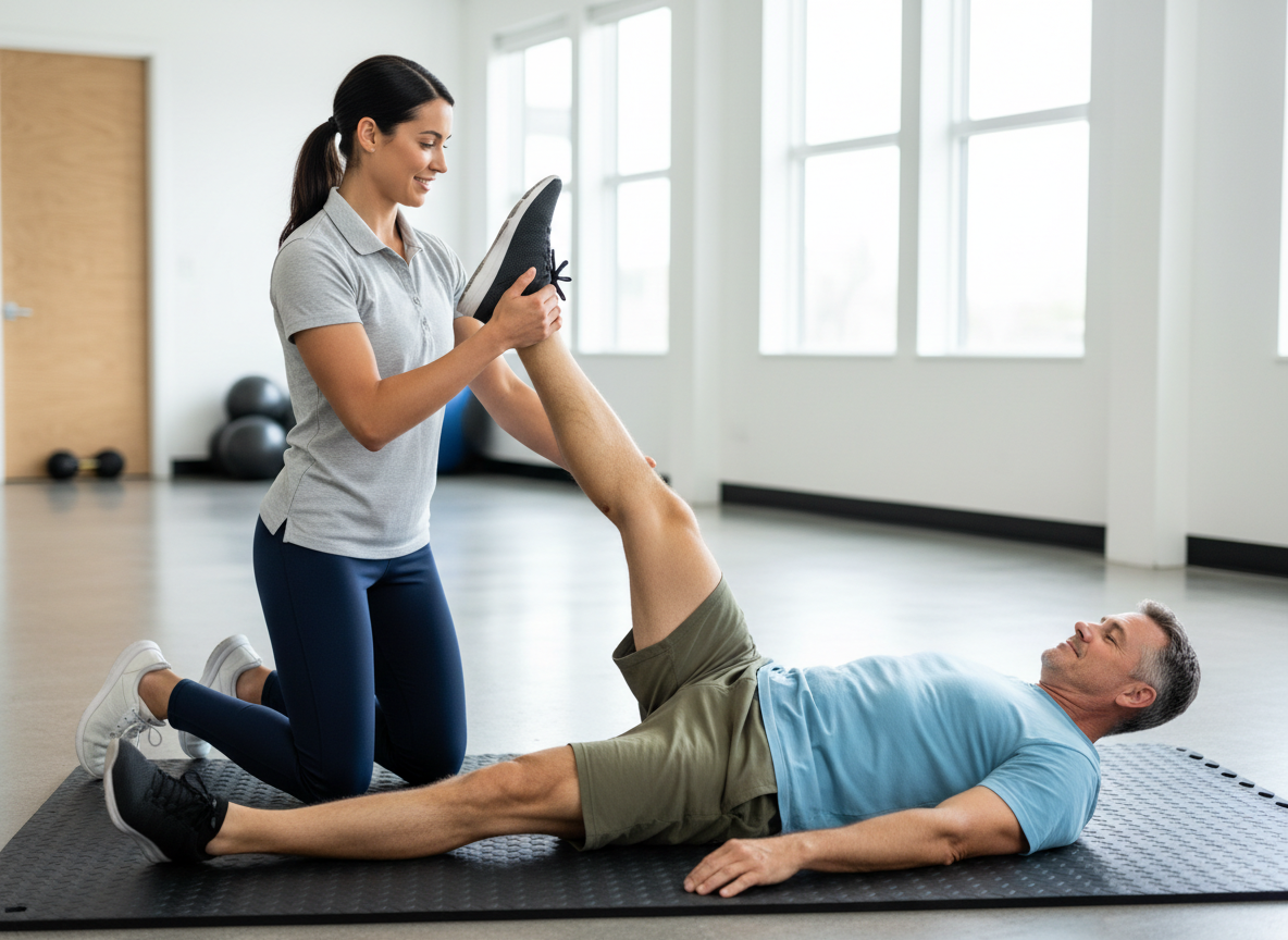 A personal trainer performing an assisted hamstring stretch on an average, everyday-looking middle-aged man lying on his back on a gym floor mat. The trainer is wearing professional athletic wear — fitted dark navy performance pants and a light grey fitted polo or athletic shirt, looking polished and authoritative. The client is wearing casual gym attire — colorful athletic shorts in olive green or burgundy and a plain white or light blue t-shirt. The trainer is kneeling, holding the client's leg and gently pushing it toward the client's chest. The client looks relaxed, average build. Clean, modern gym or fitness studio. Natural lighting, realistic photography style, professional and focused.