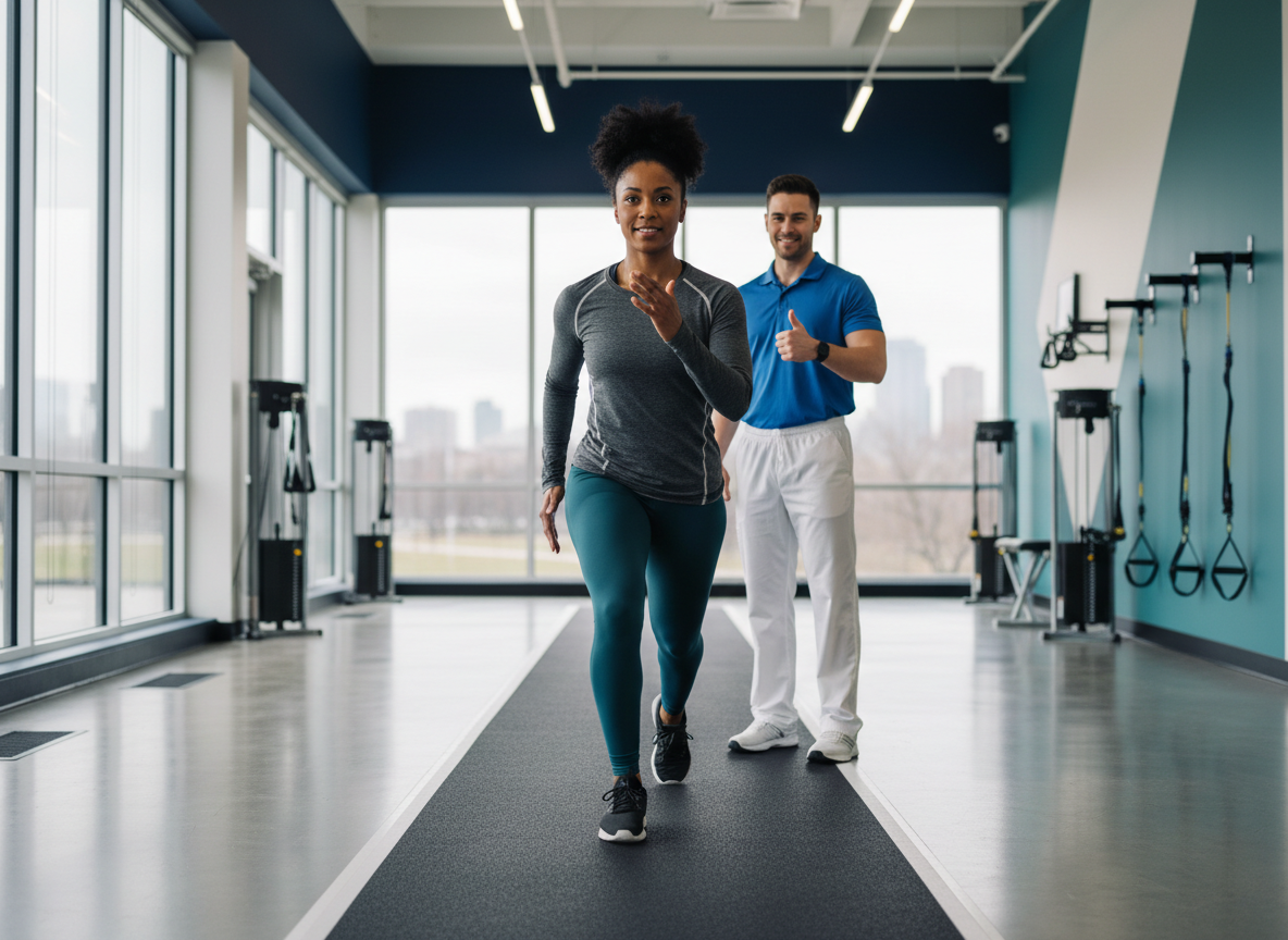 A determined adult athlete mid-stride during a rehabilitation session in a bright modern physical therapy facility, cool blue and teal palette.