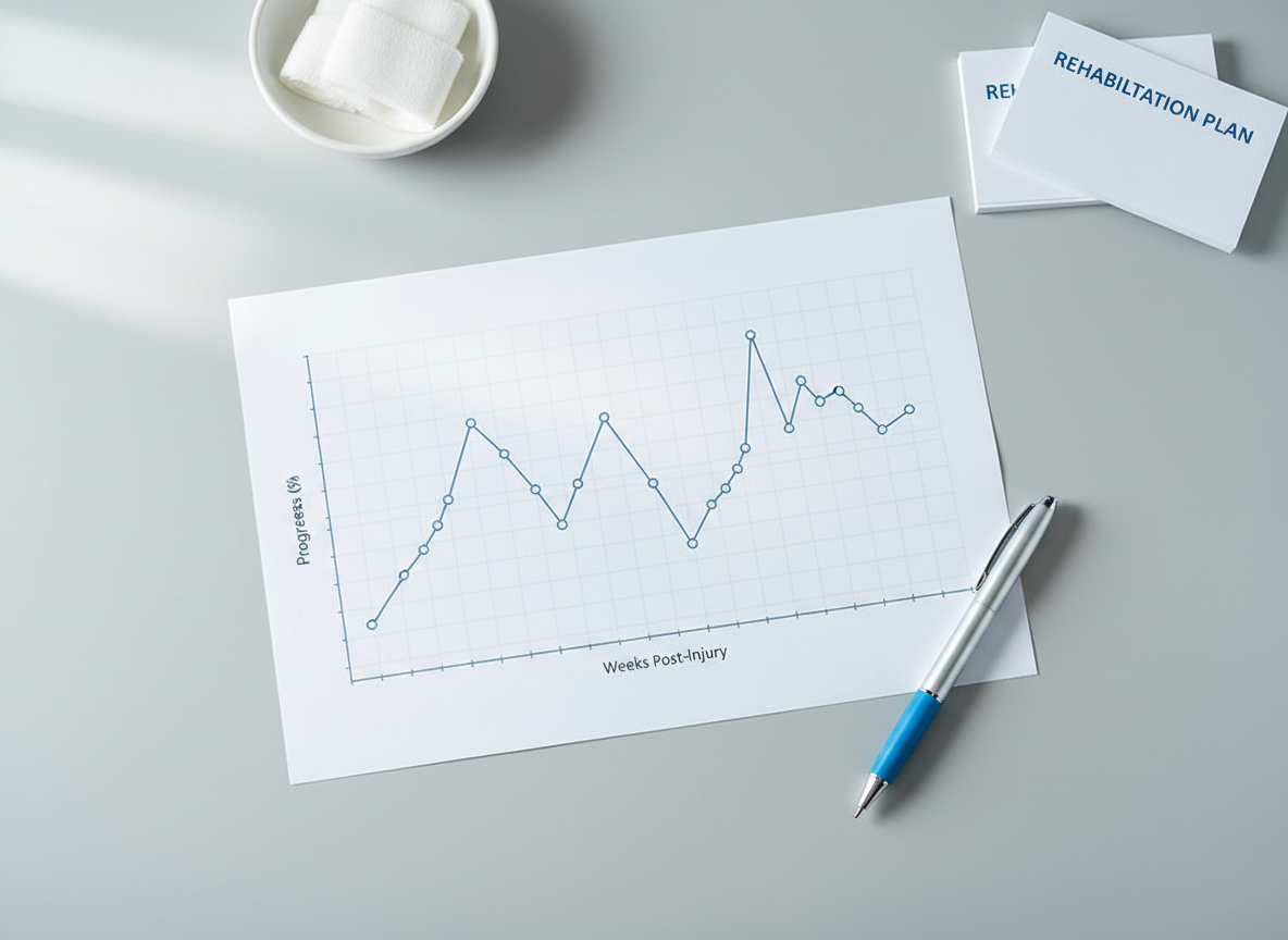 A clean, professional photographic overhead view of a calm modern rehabilitation clinic surface: a neutral light gray desk with a physiotherapist's line chart on paper showing a non-linear zigzag recovery curve trending gently upward, a pen resting beside it, soft diffused daylight, cool professional palette of whites and muted blues.