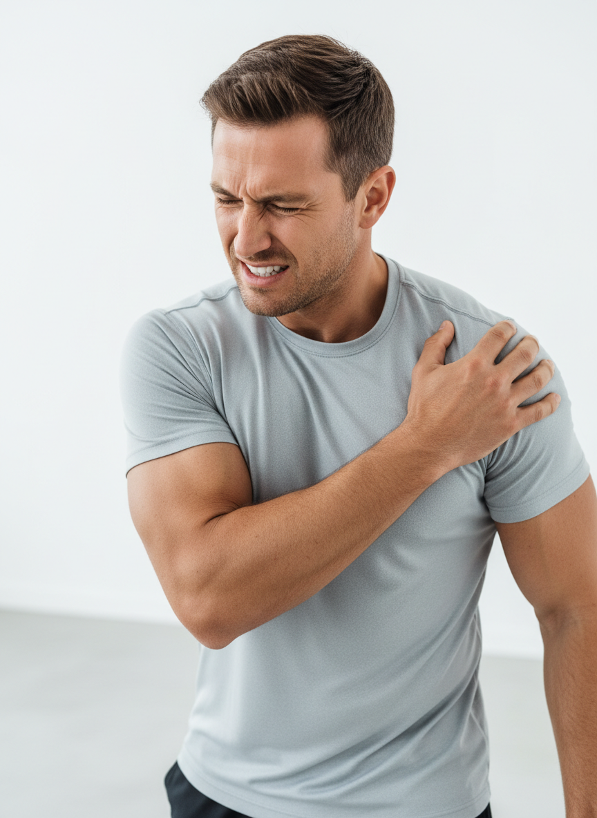 A photorealistic image of an athletic man in his 30s, fit and muscular, wearing a light grey athletic t-shirt. He is grimacing in pain and holding his right shoulder with his left hand, pressing into the area just below the shoulder joint. His posture is slightly hunched toward the injured side, conveying genuine discomfort. The background is clean, bright, and clinical — white or light grey studio environment with soft, diffused lighting. The image feels professional and medical in tone, not dramatic or staged. Shot from a three-quarter front angle, waist up, with shallow depth of field.