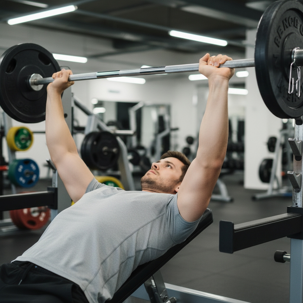 A photorealistic image of a muscular athletic man in his 30s lying on a flat bench press, gripping a loaded barbell with both hands, arms fully extended at the top of the press. He is wearing a fitted athletic t-shirt or tank top, visibly muscular chest and arms. The gym environment is clean and modern — bright lighting, minimal background with squat racks or weight plates slightly out of focus behind him. Shot from a slight side-angle showing the full bench press movement. Professional fitness photography style, sharp focus on the lifter.