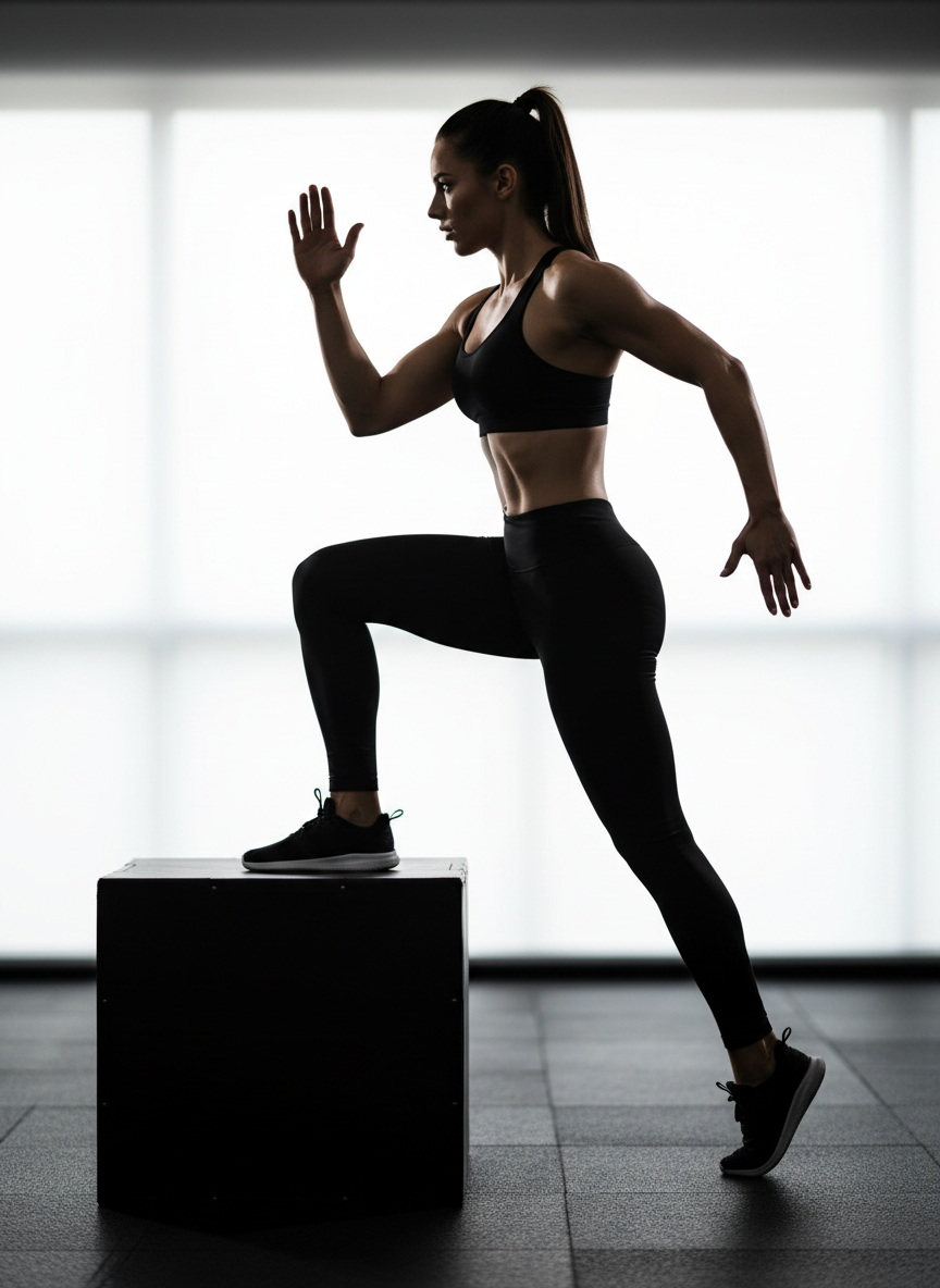Professional fitness photography. Strict true side-profile view — camera positioned exactly 90 degrees to her side. A very athletic woman with olive or light brown skin tone, visibly muscular legs, defined arms, and a lean powerful build. She is performing a step-up onto a knee-height plyometric box (approximately 18 inches tall — the top of the box is level with her knee). Her lead foot is planted flat on top of the box, trailing leg on the ground behind her, body driving upward powerfully. Both arms are in a natural running arm-swing — one forward, one back — clearly separated from her torso with visible space between each arm and her body. She wears black compression leggings and a fitted sports bra. Hair pulled back in a ponytail. True 90-degree side profile silhouette. Bright modern gym background, soft bokeh. Full body in frame from head to foot. High-end editorial fitness photography, sharp focus, strong directional lighting. Powerful and athletic.