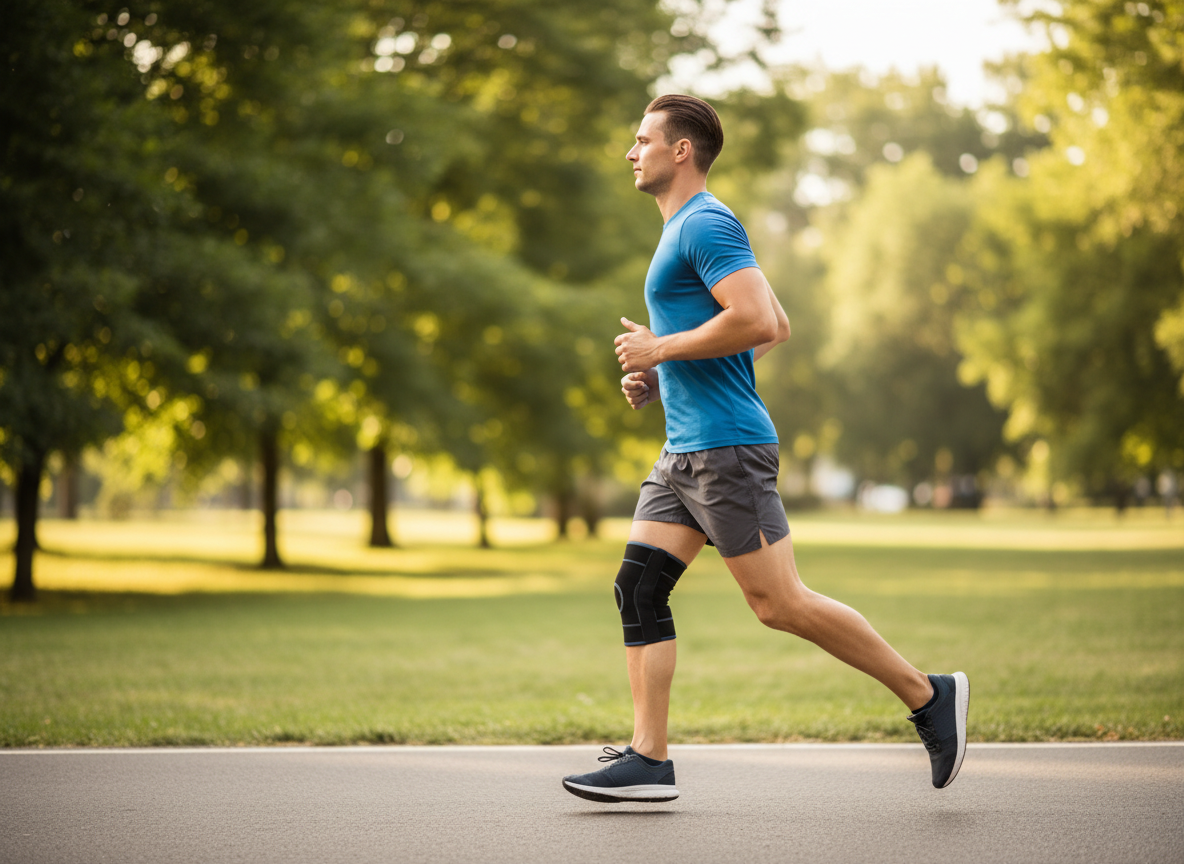 A side profile of an athletic runner wearing a black knee brace on their right knee, jogging outdoors on a paved path. The runner is wearing athletic shorts and a fitted running shirt. Natural outdoor lighting, clean background with soft bokeh of trees or a park path. Photorealistic, no text, no numbers, no symbols visible. Full body visible from head to toe.