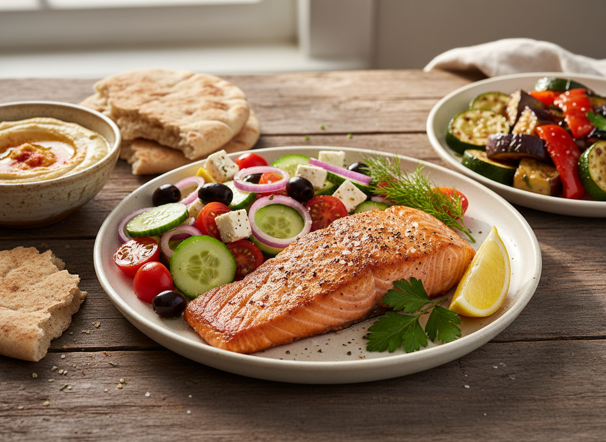 A stunning close-up food photography shot of a Mediterranean diet meal on a rustic wooden table. A beautifully plated salmon fillet with golden seared crust sits center plate, surrounded by a fresh Greek salad with tomatoes, cucumber, kalamata olives, red onion, and feta cheese. A small ceramic bowl of hummus with olive oil drizzle, warm whole grain pita bread, and a side of roasted vegetables — zucchini, eggplant, and red pepper. Fresh lemon wedge and sprigs of fresh herbs garnish the plate. Warm natural side lighting, rich colors, restaurant-quality food photography. No people, no text.