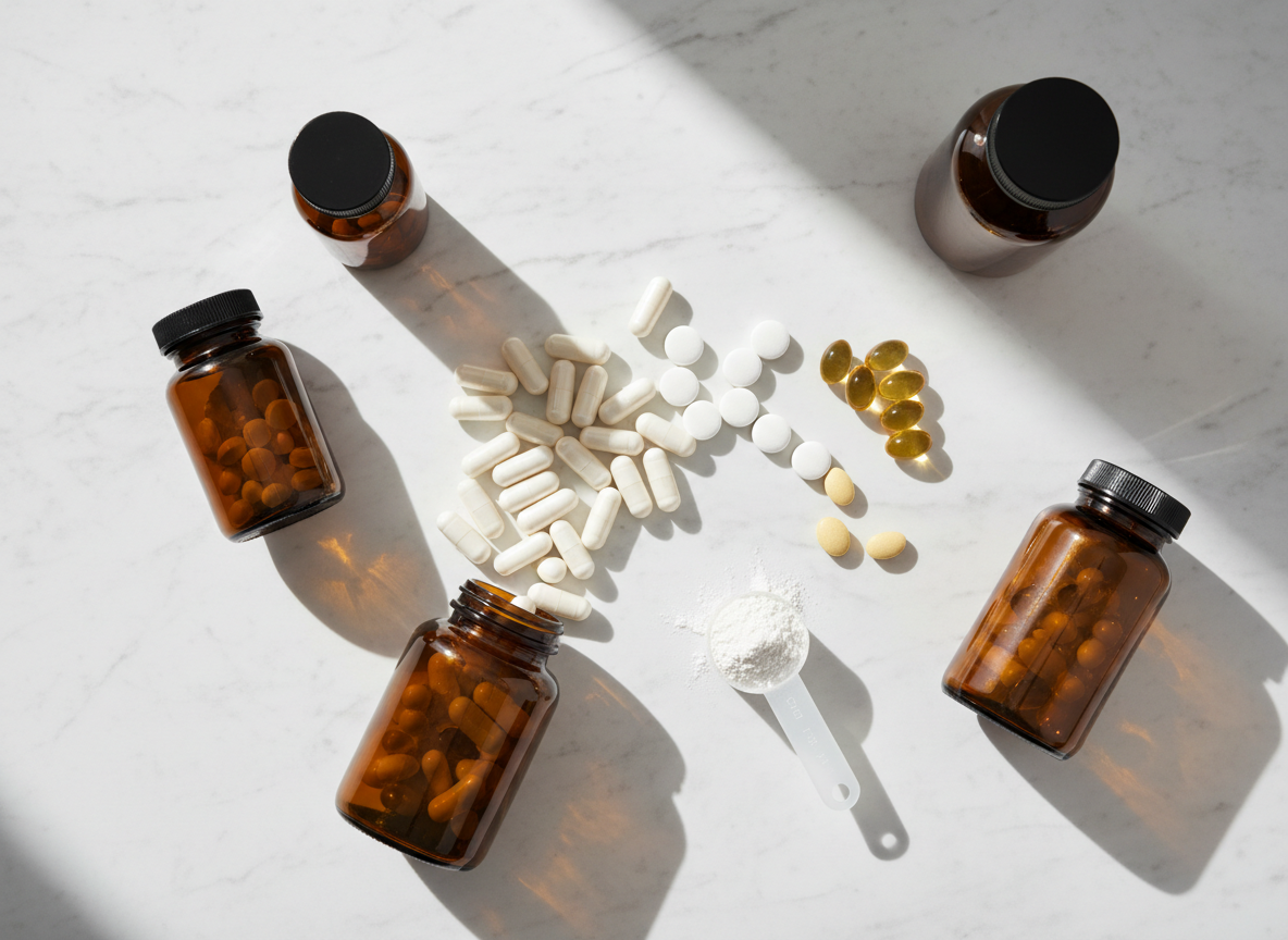 A clean, professional flat lay of generic dietary supplements on a white marble surface. Include an assortment of plain amber glass supplement bottles with no labels, white capsules and oval softgels spilling out of an open bottle, small white and yellow pills, a measuring scoop with white powder, and a few fish oil softgels. No brand names, no text, no labels visible on any bottle or container. Natural daylight, sharp focus, minimal and clinical aesthetic. Top-down overhead shot.