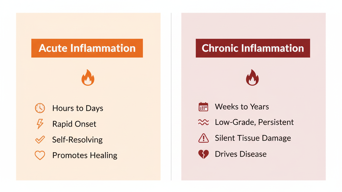 A clean, modern medical infographic using a split-panel design to contrast acute vs chronic inflammation. Left panel labeled "Acute Inflammation" with a bold orange header: shows a simple flame icon at top, then 4 bullet points with icons: clock icon "Hours to Days", lightning bolt "Rapid Onset", checkmark "Self-Resolving", heart "Promotes Healing". Right panel labeled "Chronic Inflammation" with a deep red header: shows a slow-burn ember icon, then 4 bullet points: calendar "Weeks to Years", wave "Low-Grade, Persistent", warning triangle "Silent Tissue Damage", broken heart "Drives Disease". A subtle dividing line down the center. Clean white background, professional sans-serif typography, minimal iconography, color-coded panels (soft orange tint left, soft red tint right). Medical infographic poster style — clear, readable, visually balanced.