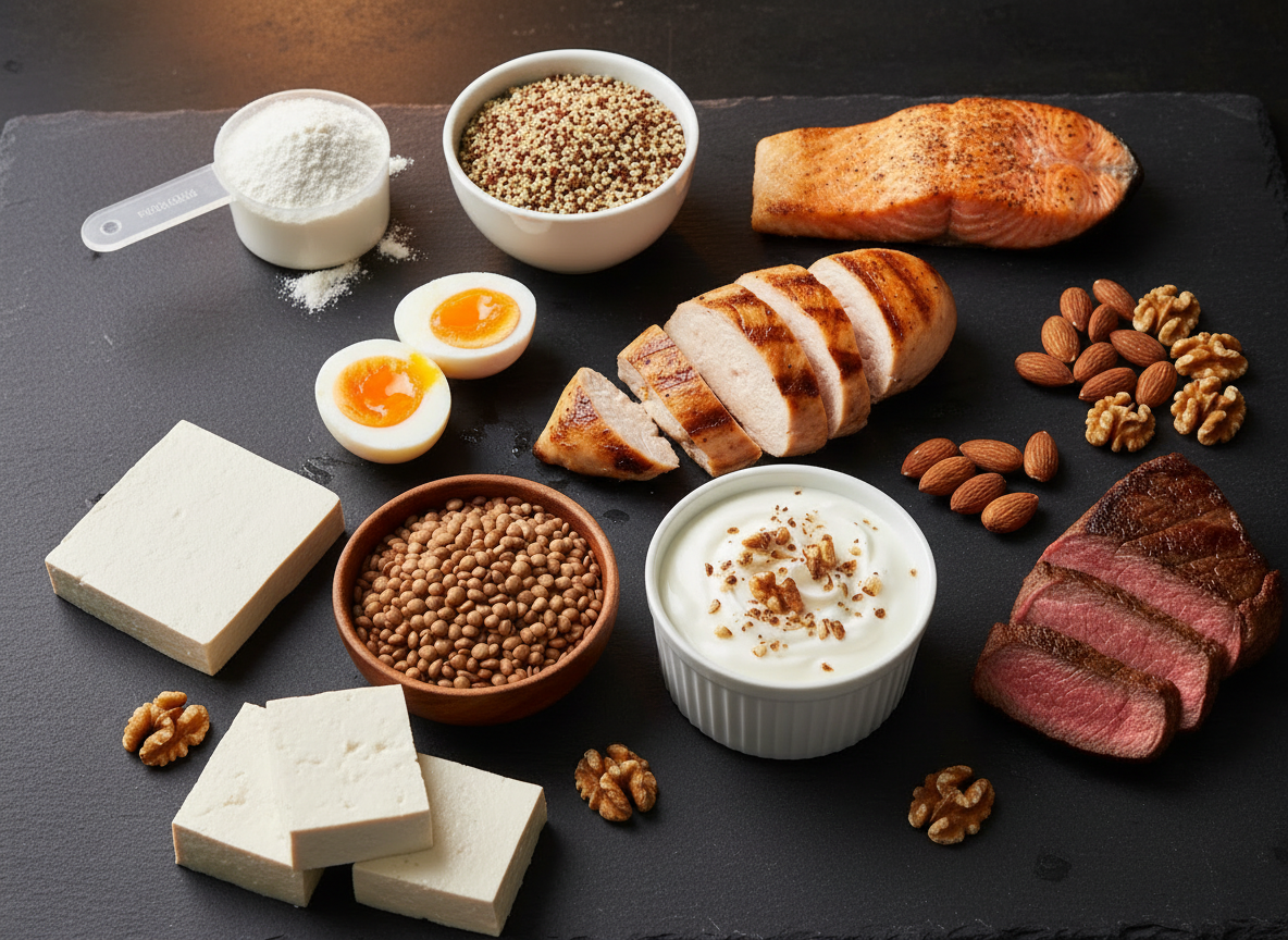 A professional food photography shot of dietary protein sources arranged on a dark slate board from a 45-degree angle. Include a sliced grilled chicken breast, two hard-boiled eggs cut in half, a cooked salmon fillet with grill marks, a small ramekin of Greek yogurt topped with a few nuts, a wooden bowl of cooked lentils, cubed firm tofu, and a scoop of white protein powder in a small dish. Items arranged in a natural, artful composition with depth and dimension, warm studio lighting from the side casting soft shadows, rustic yet clinical aesthetic, no text or labels anywhere. Rich colors, sharp focus on foreground items with slight background blur.