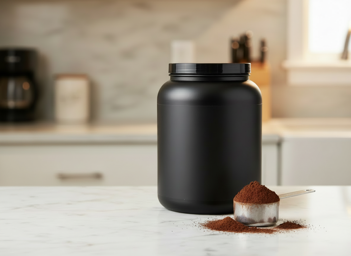 A professional photograph of chocolate whey protein powder on a kitchen counter. A matte dark cylindrical protein tub with no labels or branding sits on a light granite kitchen countertop. A white plastic protein scoop rests beside the tub filled with rich brown chocolate protein powder, with a small mound of the powder dusted on the counter surface nearby. Warm natural kitchen lighting, slightly angled shot, soft background showing blurred kitchen elements. Rich chocolate brown powder color, clean and appetizing, sharp focus on the plastic scoop and powder. No text, logos, or labels visible anywhere.