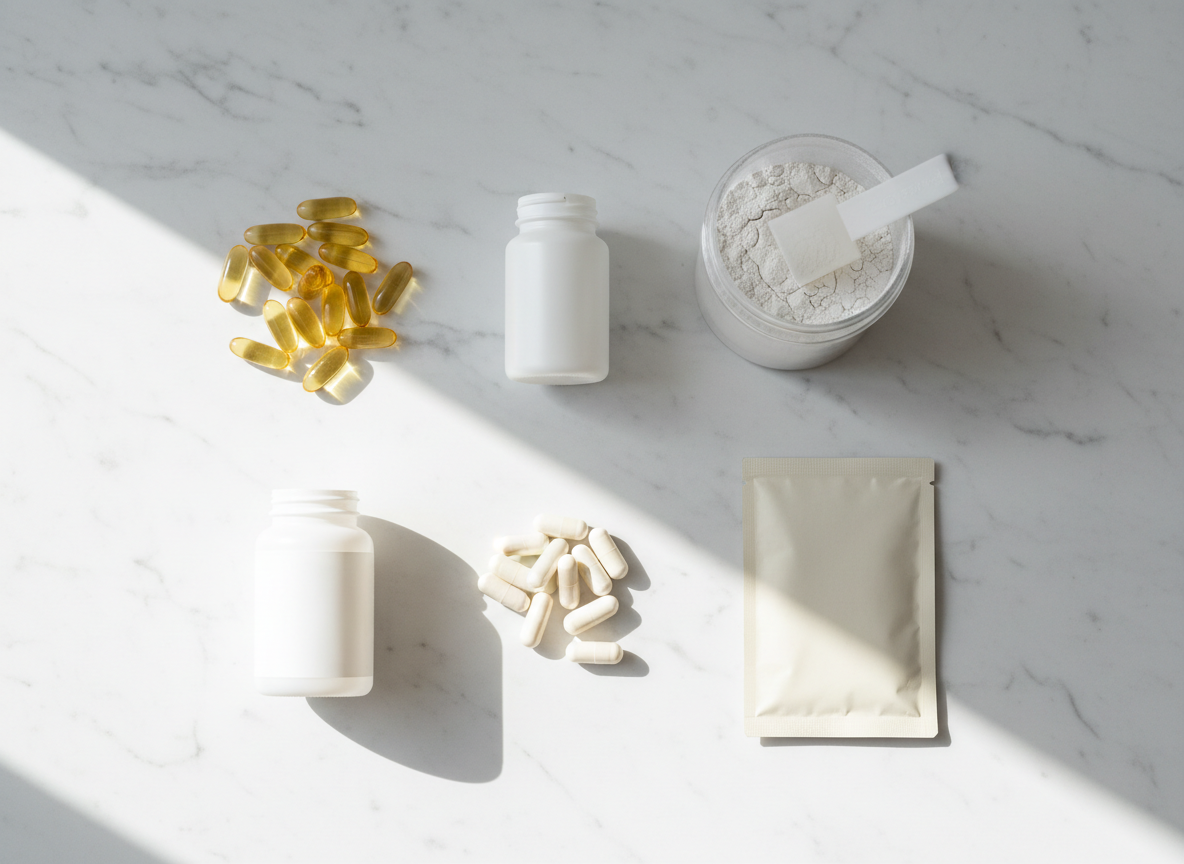 A clean, professional flat lay of evidence-based supplements arranged on a white marble surface: amber glass fish oil capsules, a small white bottle of vitamin D softgels, a clear container of creatine monohydrate powder with a measuring scoop, magnesium glycinate capsules, and a collagen peptides packet. Soft, diffused natural lighting from the side. Minimal and clinical aesthetic, neutral white and light gray tones, no labels or text visible. Shot from directly overhead, sharp focus, high resolution, medical/health publication style.