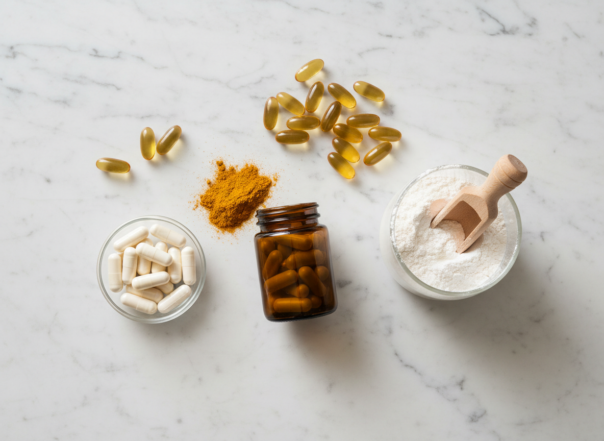 A clean, professional flat lay on a white marble surface featuring four specific supplements: a small amber glass jar of turmeric/curcumin capsules with loose golden turmeric powder nearby, a clear container of collagen peptides powder with a wooden scoop, amber softgel omega-3 fish oil capsules scattered naturally, and white magnesium glycinate capsules in a small glass dish. Soft natural side lighting, overhead shot, no labels or text visible, minimal and clinical aesthetic, warm golden and white tones, high resolution, health publication style.