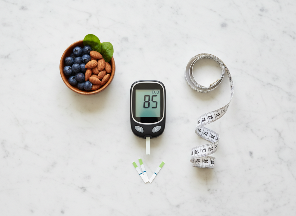 A clean, conceptual flat lay photograph on a white marble surface. Centered is a modern digital glucometer displaying a blood glucose reading. Surrounding it are metabolic health symbols: a small bowl of colorful whole foods (blueberries, almonds, leafy greens), a measuring tape loosely coiled, and a few glucose test strips. Soft, diffused natural light from above. The composition is balanced, clinical yet approachable, with a minimal color palette of whites, greens, and warm neutrals. No text visible. Shot from directly above, bird's-eye view, photographic realism.