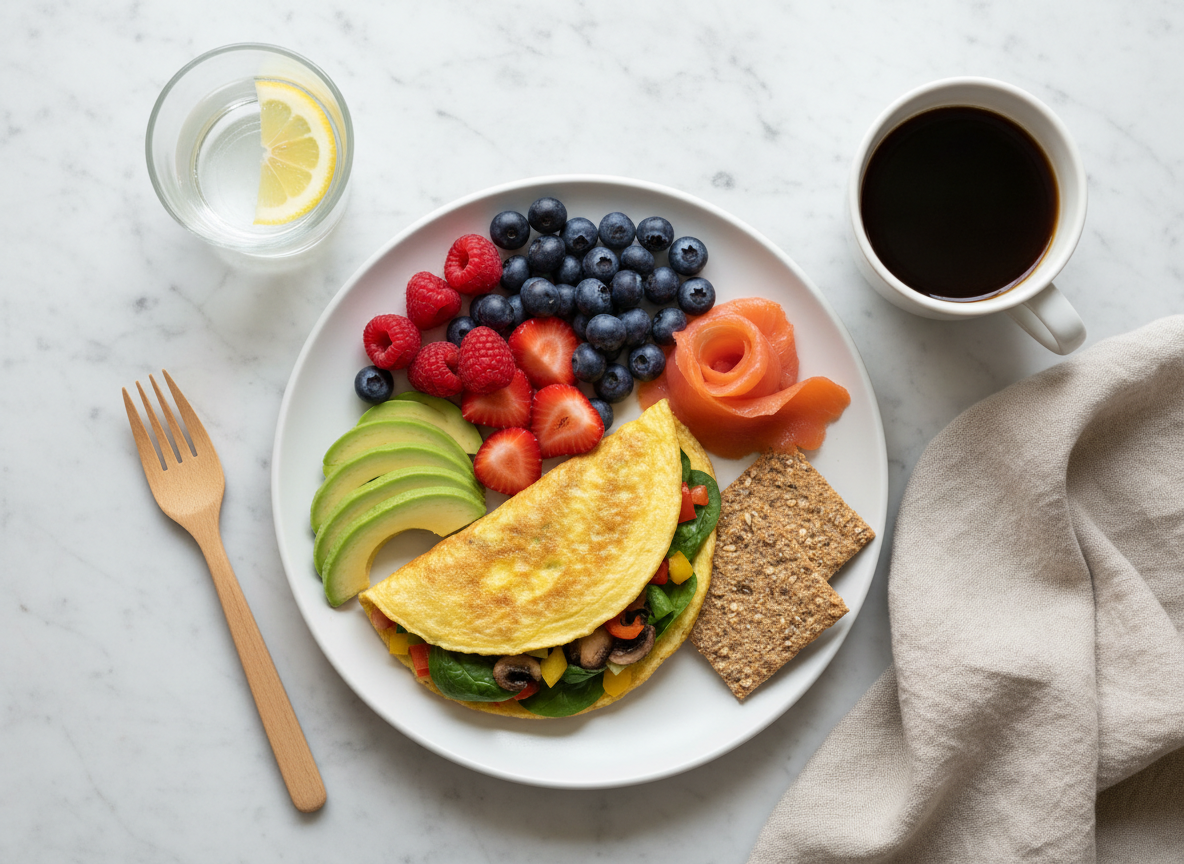 A bright, appetizing overhead flat lay photograph of a balanced, blood-sugar-friendly breakfast on a clean white ceramic plate. The plate holds: scrambled eggs or a veggie omelette, a small portion of smoked salmon, a handful of mixed berries (blueberries, raspberries, strawberries), sliced avocado, and a few whole grain crackers or a small slice of seeded toast. Beside the plate: a small glass of water with lemon, and a cup of black coffee or green tea. A wooden fork and linen napkin complete the scene. The surface is a light marble or white wood. Soft, bright natural daylight from above. No text. Clean, editorial food photography style. Photographic realism.