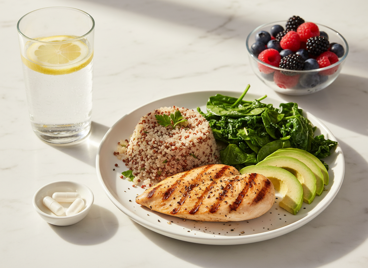 A beautifully plated, photorealistic meal optimized for post-surgical and rehab recovery nutrition. The plate features: a generous portion of grilled salmon or chicken breast as the protein centerpiece, a side of quinoa or sweet potato for complex carbohydrates, a pile of dark leafy greens (spinach or kale) lightly sautéed, sliced avocado, and a small bowl of mixed berries on the side. A glass of water with lemon. A small dish of collagen powder or supplement capsules beside the plate. Styled on a clean white marble surface with warm natural light from the side. Overhead or slight 45-degree angle shot. No clutter, no branding. Professional food photography aesthetic.