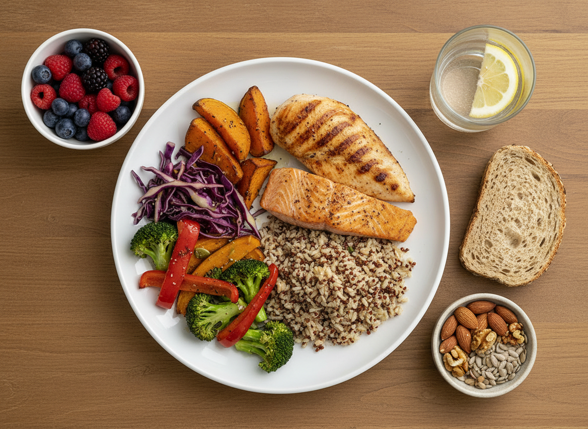 A photorealistic overhead flat lay of a complete, balanced meal designed for heavy rehabilitation and recovery. The plate features grilled chicken breast and a piece of salmon side by side as the protein base, a generous portion of brown rice and quinoa blend, a vibrant mix of roasted colorful vegetables — orange sweet potato, purple cabbage, red bell pepper, broccoli florets — alongside a handful of fresh mixed berries (blueberries, raspberries, strawberries) in a small bowl. A side of whole grain bread. A drizzle of olive oil over the vegetables. A small dish of nuts and seeds. Glass of water with lemon slices. Rich, vibrant colors throughout. Shot directly overhead on a warm natural wood surface with soft, even natural light. Professional food photography, no branding, no labels.