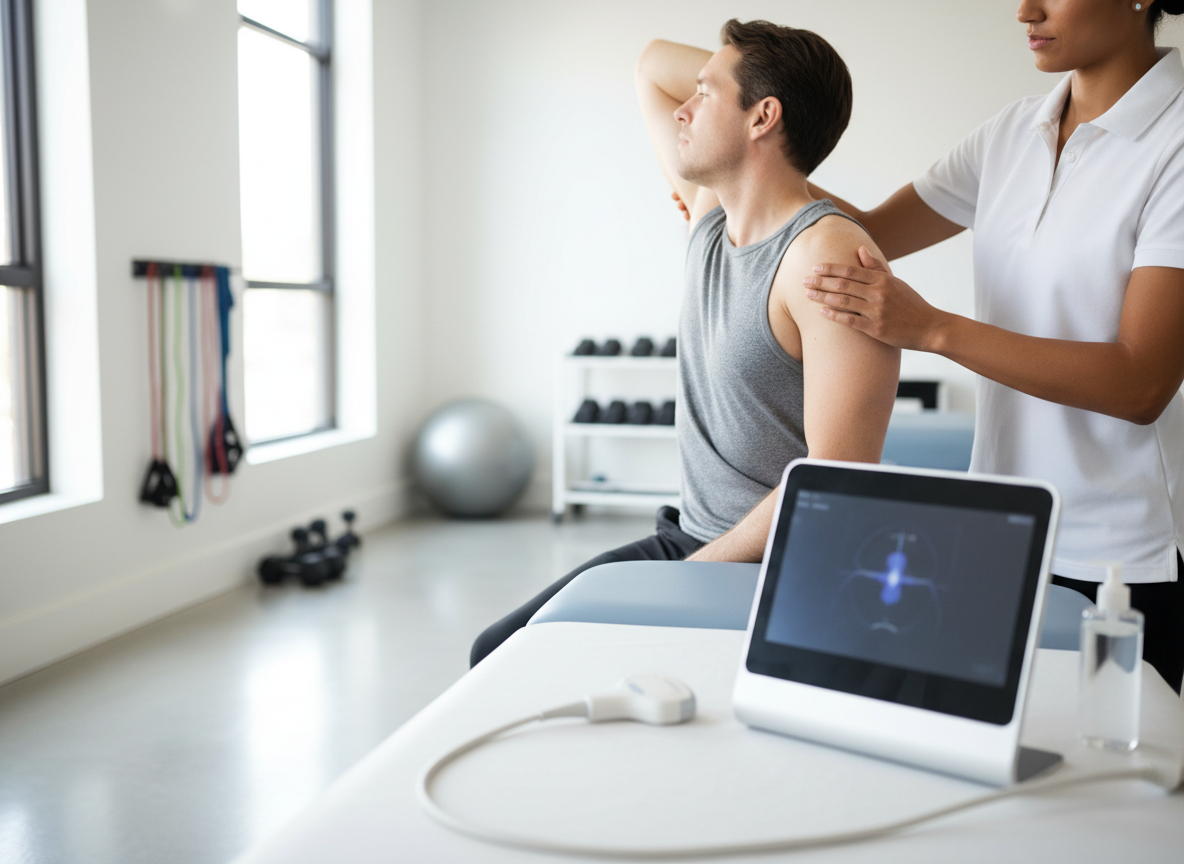 A bright contemporary rehabilitation clinic with a therapist guiding a patient through a shoulder mobility exercise in soft natural daylight.