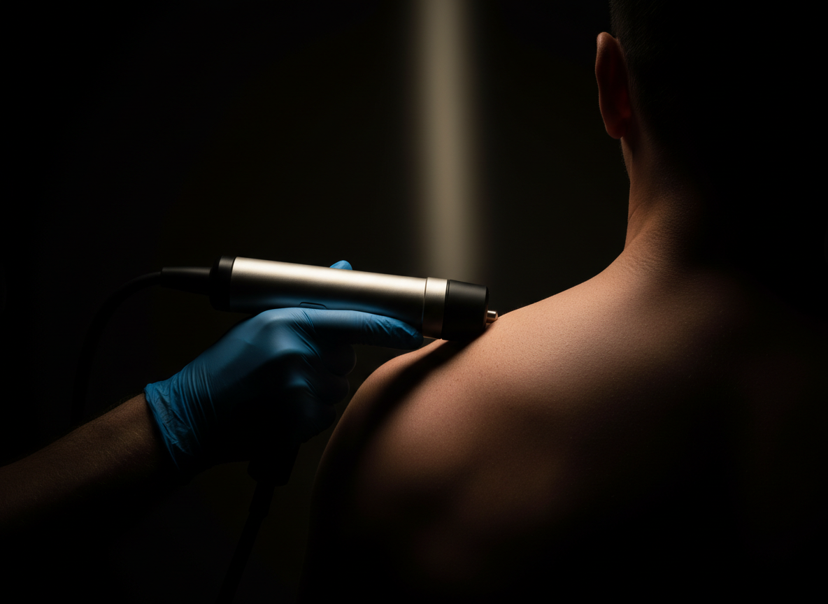 A photorealistic clinical image of shockwave therapy being performed on a man's right shoulder. The male patient is seated on a treatment table, shirtless, with his right shoulder exposed. A clinician's hand holds a shockwave therapy applicator probe firmly against the posterior right shoulder — rotator cuff or supraspinatus area. Ultrasound coupling gel glistens on the skin. The man's face is not visible — framed from mid-torso up and slightly behind. Clean modern clinic setting, cool white and gray tones, soft diffused overhead lighting, professional medical photography style, sharp focus, no text or logos.