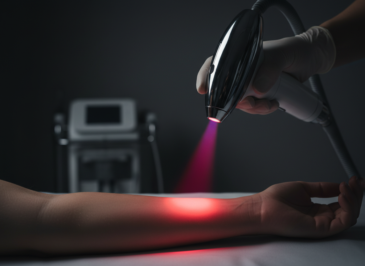 A dramatic clinical photograph of a therapeutic laser device emitting a deep red/near-infrared beam of light onto a patient's skin in a modern rehabilitation clinic. The beam of laser light is visible with a glowing red-to-purple light cone, scattering softly across tissue. The background is dark and moody, with the laser light as the primary illumination source. Clinical, professional, high-contrast, cinematic lighting.