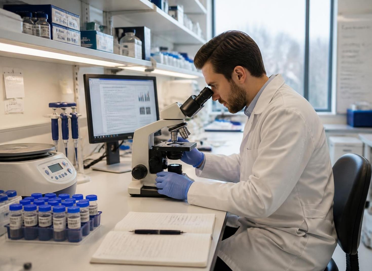 A photorealistic image of a researcher in a modern but grounded biomedical laboratory. A scientist in a white lab coat sits at a clean workstation examining tissue samples under a high-powered microscope. Nearby: standard lab equipment — a centrifuge, pipettes, labeled specimen vials, a notebook with handwritten notes, and a computer monitor showing a research paper or data spreadsheet. The lighting is natural and bright — overhead fluorescent lab light with warm daylight coming through a window. The atmosphere is focused and methodical: serious science being done carefully and deliberately. No glowing fluids, no holograms, no robotic arms. Photographic realism, documentary style, clean and professional.