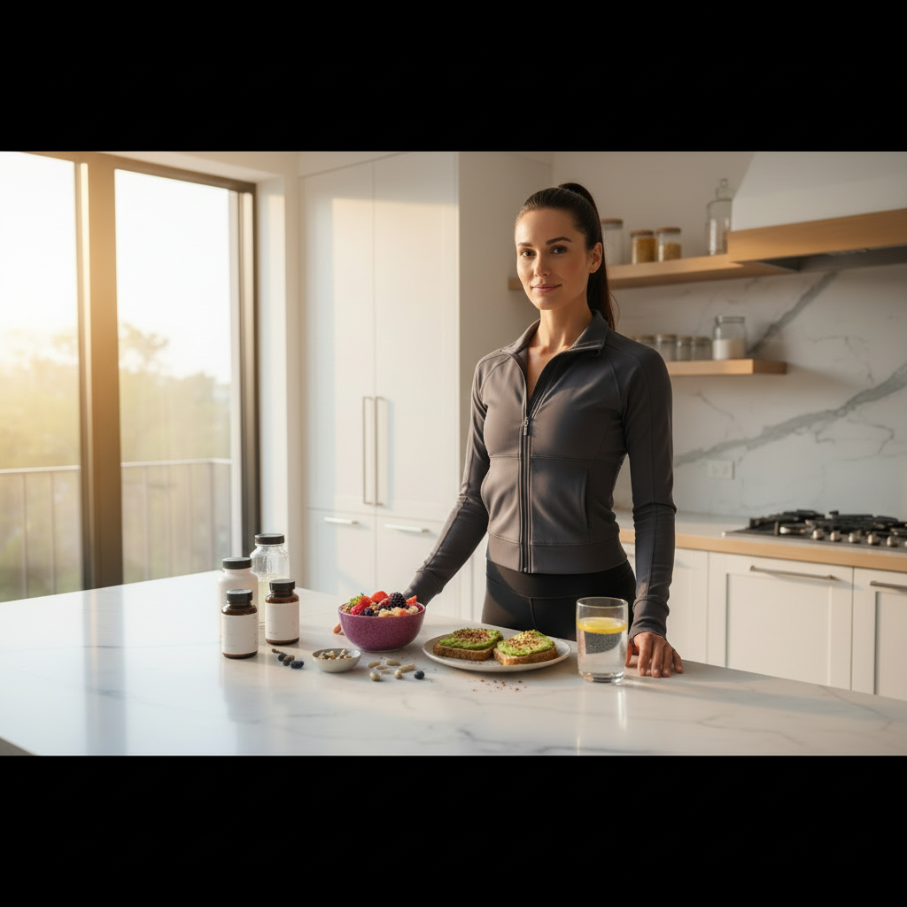 A fit, athletic woman in her 30s standing in a bright, modern kitchen in the early morning. She is fully dressed in stylish athleisure — fitted high-waisted leggings, a structured zip-up athletic jacket or long-sleeve top, and clean sneakers. She looks composed and energized. Laid out on the marble countertop in front of her are a colorful nutritious breakfast: a smoothie bowl with berries and seeds, sliced avocado toast, and a glass of water. Beside the food are several supplement bottles and capsules neatly arranged. Warm natural morning light streams through large windows. The mood is calm, intentional, aspirational. Photorealistic, cinematic, wide landscape composition suitable for a hero banner. No text overlays.
