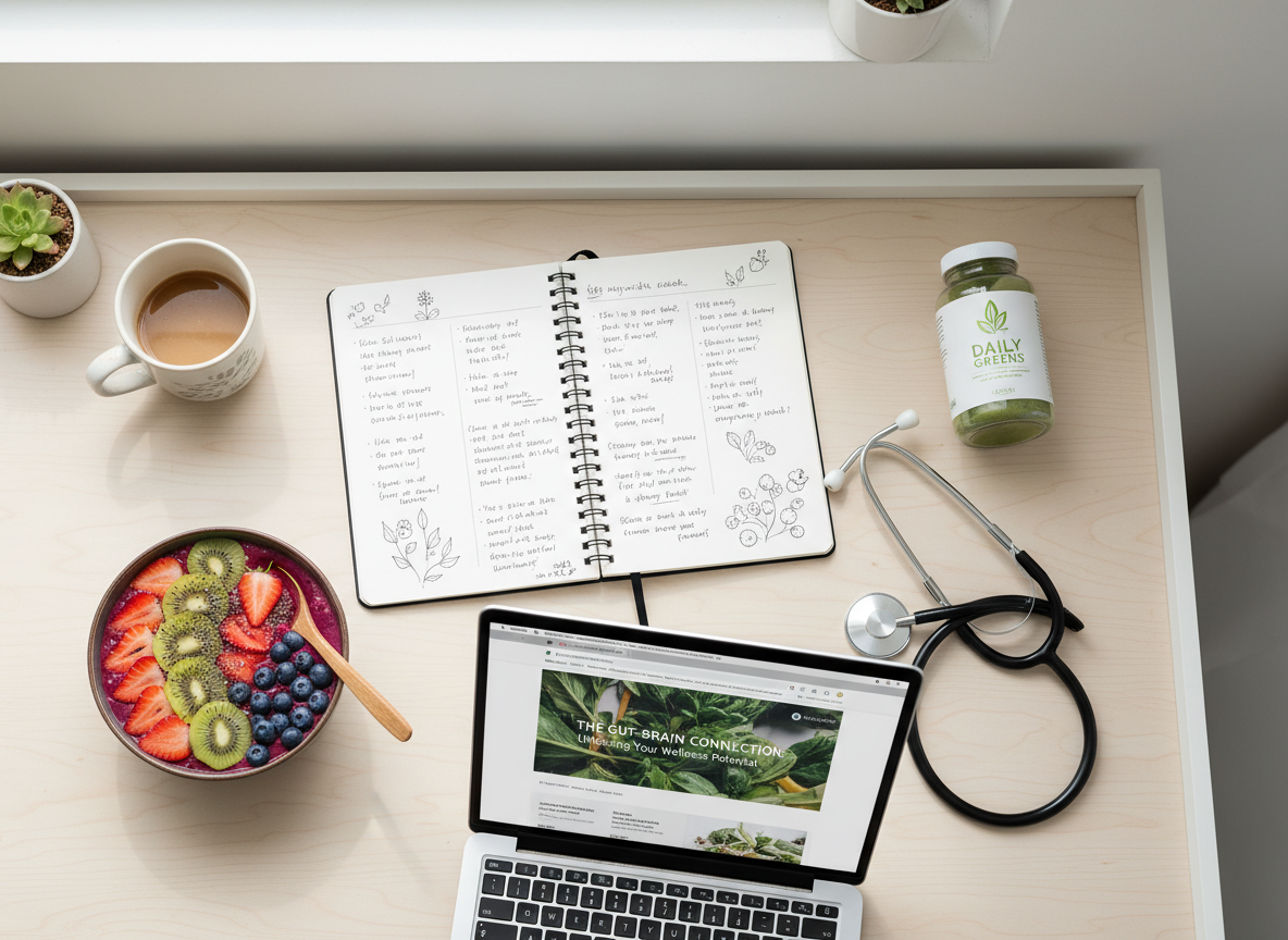 A bright, modern health and wellness blog workspace: an open journal with handwritten notes, a smoothie bowl with colorful fresh fruit, a bottle of supplements, a stethoscope resting nearby, and a laptop showing a health article. Soft natural morning light streams in from a window. Clean white and wood tones, styled like a professional health publication. Top-down flat lay composition, photorealistic, editorial magazine quality.